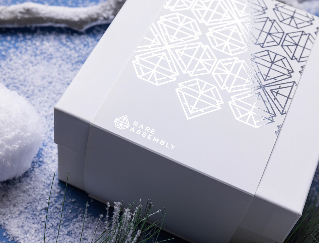 Modern holiday gift box packaging with metallic silver foil by Rare Assembly.