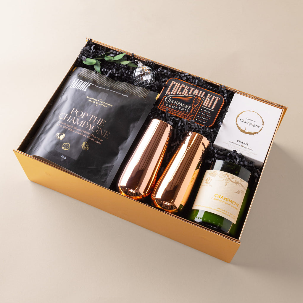 Modern champagne themed "congratulations" gift box.