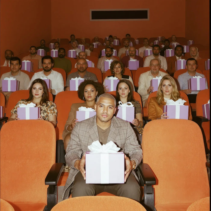A group of professionals sit in an orange auditorium holding identical purple gift boxes on their laps.