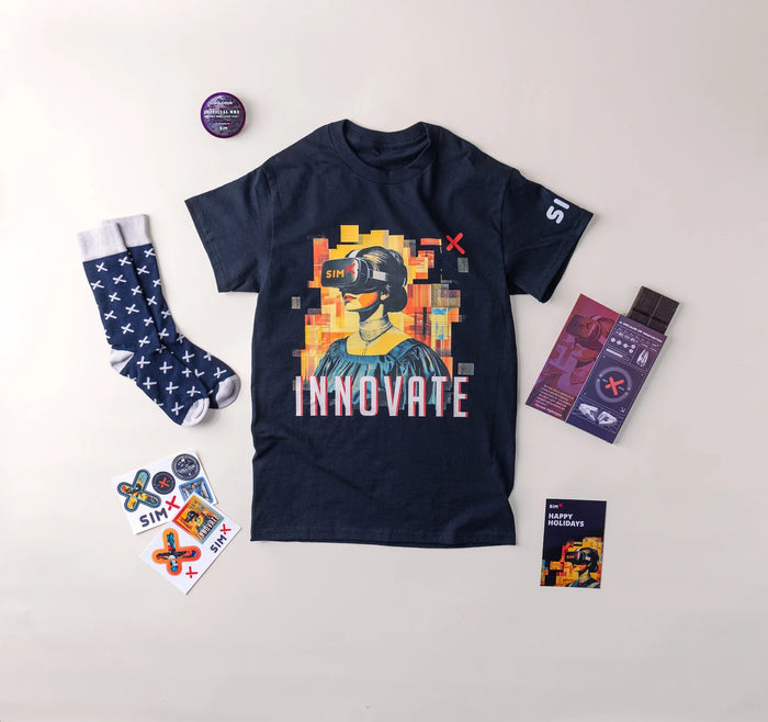 Corporate swag ideas that don't suck, featuring a branded T-shirt, socks, card, stickers, Rice Krispie Treat cookie and chocolate bar.
