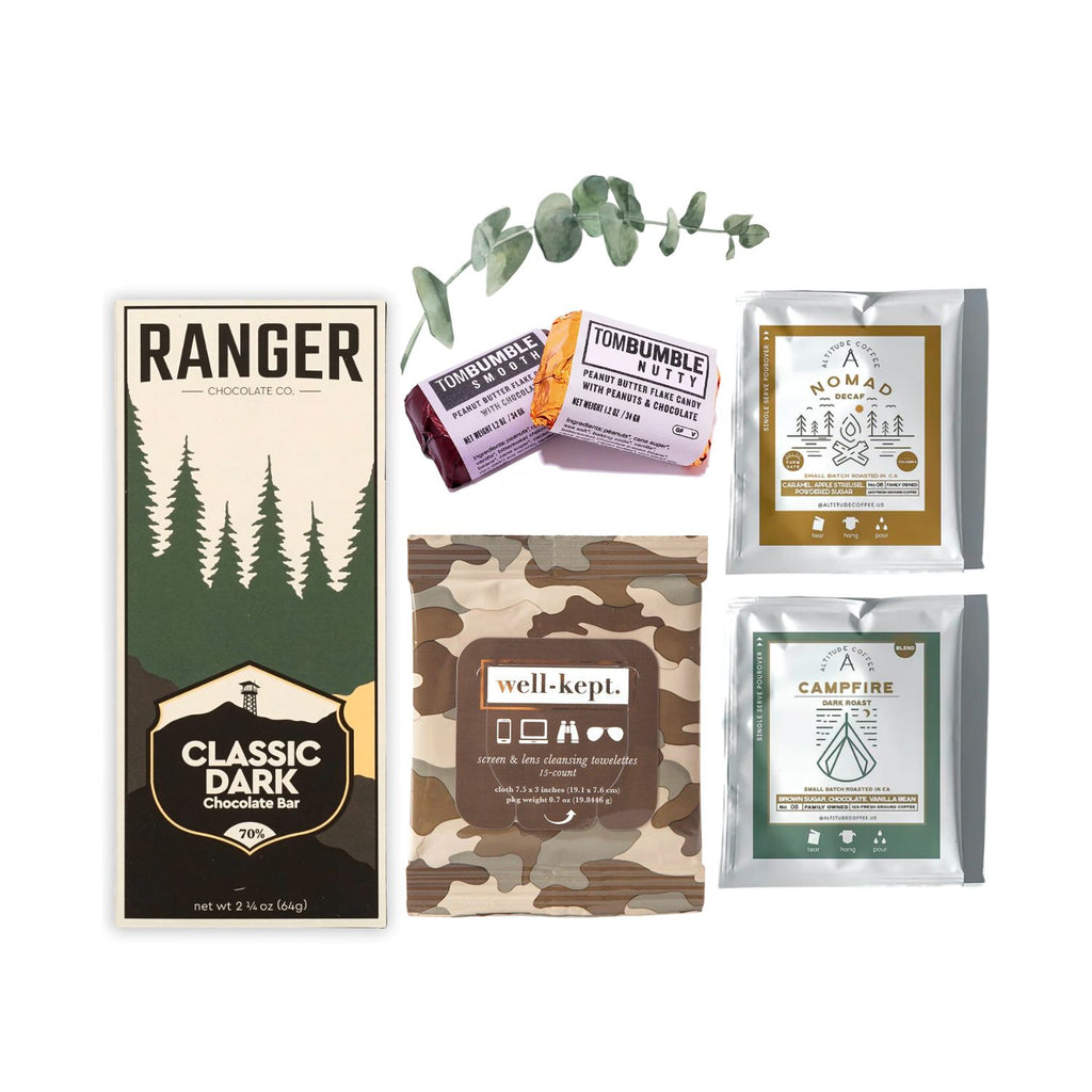 Classic dark chocolate bar by Ranger Chocolate, Tom Bumble bars by Oregon Bark, pour-over packs by Altitude Coffee and screen wipes by Well-Kept.