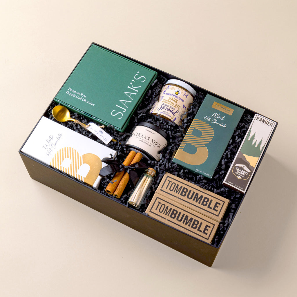 Chocolate lover's holiday gift box featuring artisanal chocolate treats.