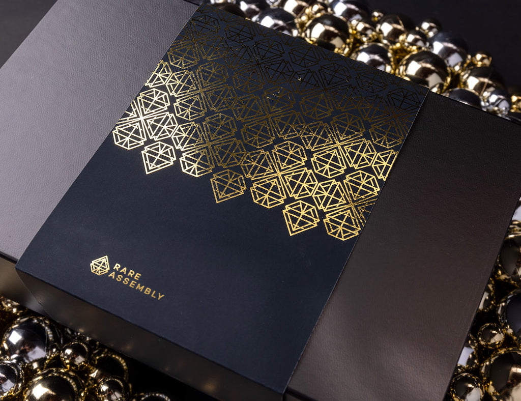 Modern black and gold gift box packaging from Rare Assembly.
