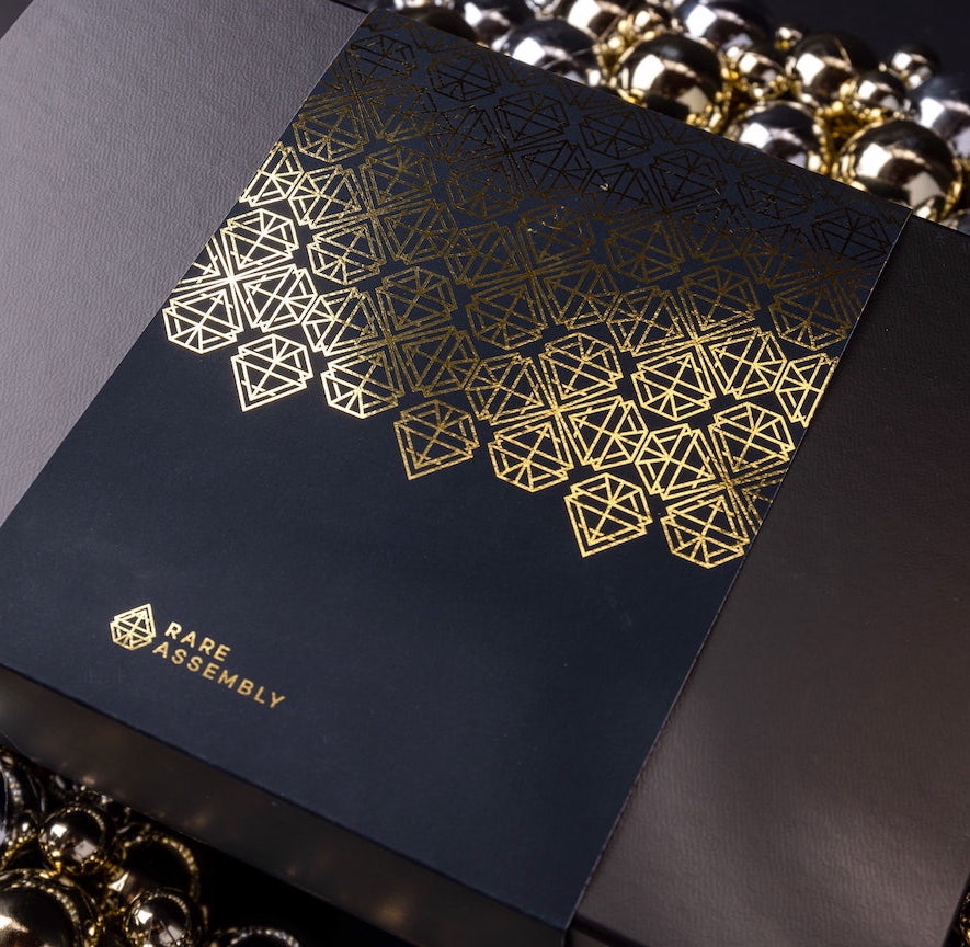 Modern holiday gift packaging with black and metallic gold, by Rare Assembly.