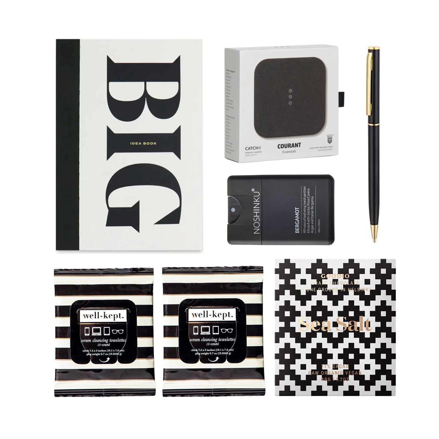 Big Ideas sketchbook by Wit & Delight, wireless charger by Courant, Buckhead screen wipes by Well Kept, sea salt chocolate bar by Goodio, Bergamot hand sanitizer by Noshinu, black desk pen.